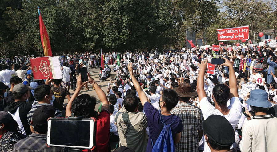 Citizens protest the Myanmar coup in February 