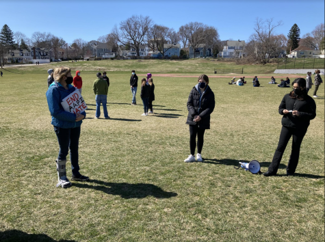 Demonstrators gathered at Robbins Farm Park in early April to discuss and protest against anti-Asian hate// Photo credit Indigo B.